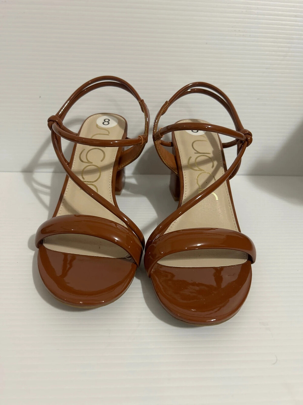 Aldo Women’s Brown Patent Strappy Block Heel Sandals Ankle Wrap Size 8 US